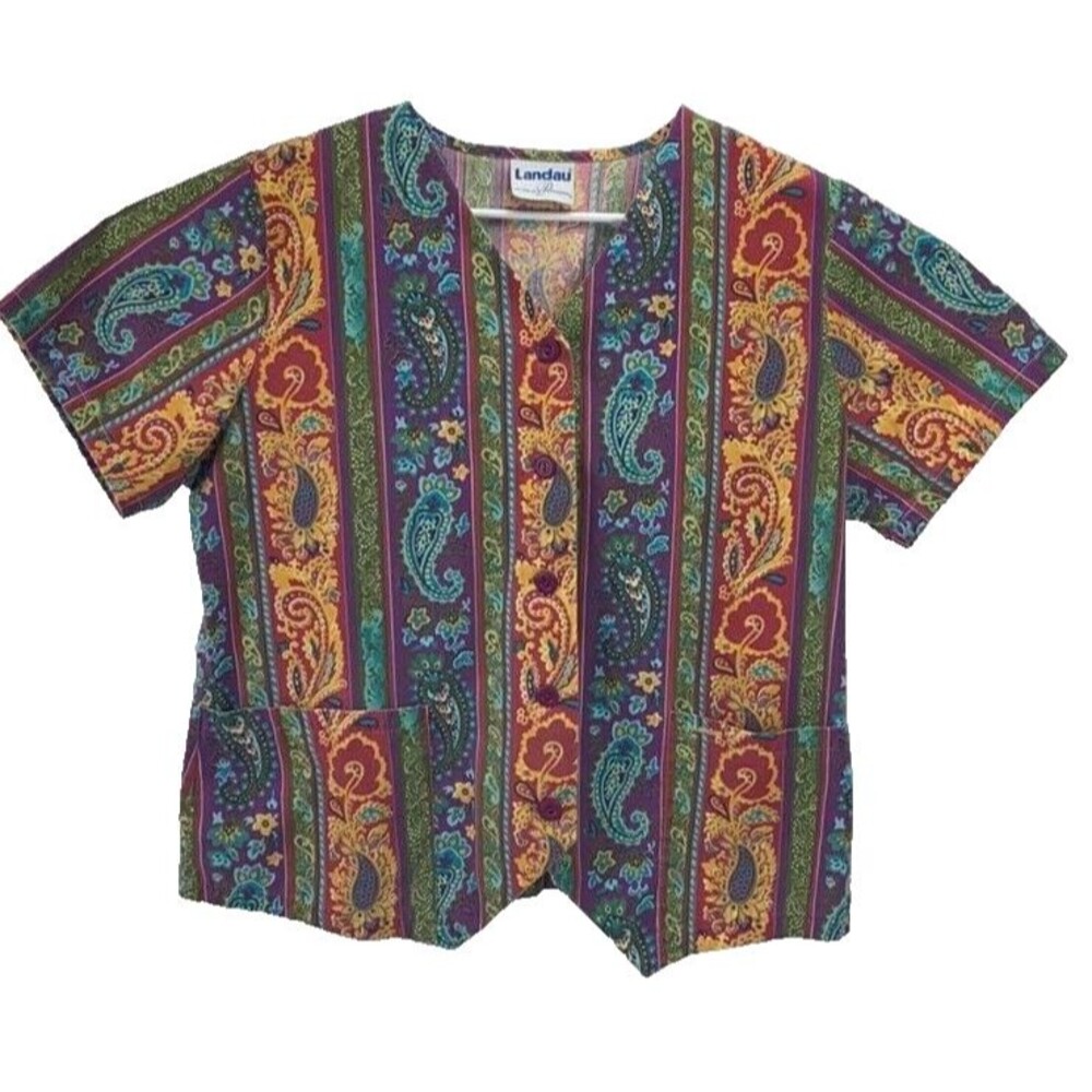 Landau Women’s Scrub Top Button Front V-Neck Multi-Pocket Colorful Print Size M
